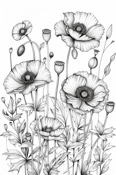 Poppies Field Image for Coloring Book Drawings Of Poppies, Poppy Coloring Pages Free Printable, Izzy Tattoo, Flower Field Drawing, Poppy Line Drawing, Poppy Doodle, Drawing Poppies, Poppy Flower Illustration, Poppies Drawing