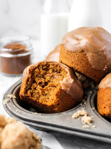 Pumpkin Muffins with Brown Sugar Cinnamon Icing (DF) Moist Pumpkin Muffins, Brown Sugar Icing, Seasonal Baking, Cinnamon Icing, Pumpkin Chai, Sugar Icing, Sugar Pumpkin, Sweet Treats Recipes, Treat Recipes