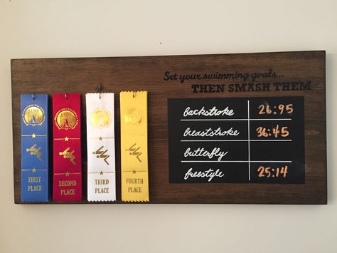 Swimming ribbons personal record board Swimming Ribbon Display, Display Swim Ribbons, Swim Team Ribbon Display Ideas, Swimming Ribbon Display Ideas, Swim Ribbon Display, Medal Organizer, Award Wall, Swim Ribbons, Swim Team Mom