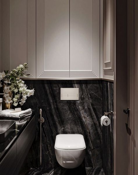 Small Bathroom Classic Design Ideas, Classical Washroom Design, Bathroom Classic Modern, Classic Toilet Design, Small Elegant Bathroom, Classic Powder Room, Modern Classic Interior Design, Toilet Plan, Toilet Design Modern