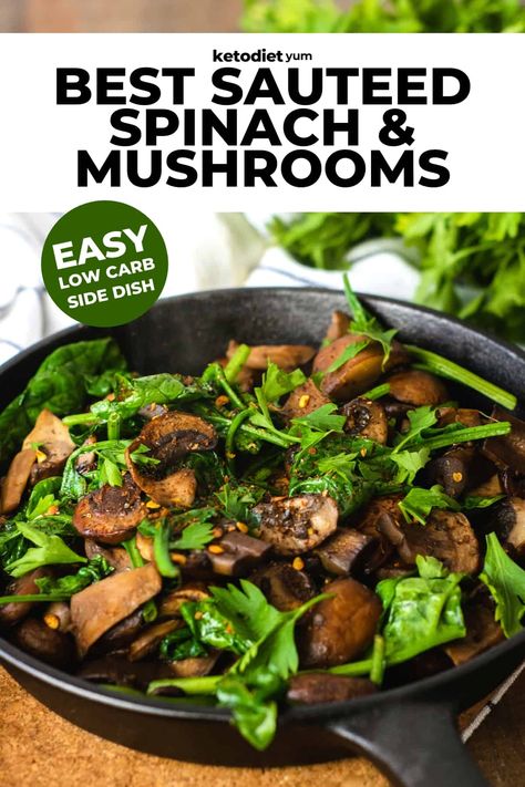 Sauteed spinach and mushrooms in butter are SO delicious, with just 4 ingredients + 15 minutes. The perfect side dish, vegetarian meal, or light breakfast. Sauteed Spinach And Mushrooms, Spinach Side Dish, Fried Spinach, Spinach And Mushrooms, Keto Diet List, Mushroom Dish, Light Breakfast, Eating Better, Vegetarian Side Dishes