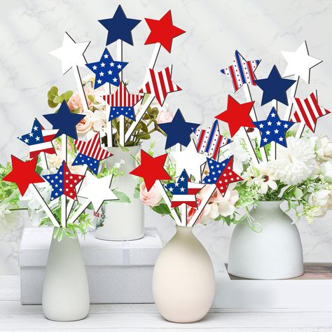 PRICES MAY VARY. Independence Day Themed Package: the package includes a total of 24 Independence Day decorations especially designed for Independence Day decorations; You will get 12 pieces of colorful and 12 pieces of solid color star shaped wood picks adorned with a wide range of styles on both sides; A proper embellishment to enhance your 4th of July party decorations Ideal Size for Decorative Display: the Independence Day home decor measures about 7 inches, from the bottom of the stem to th Small Clay Pot, Memorial Day Decorations, Independence Day Decoration, Wooden Stars, Decorative Wood, Vase Fillers, Blue Stars, 4th Of July Party, July Party