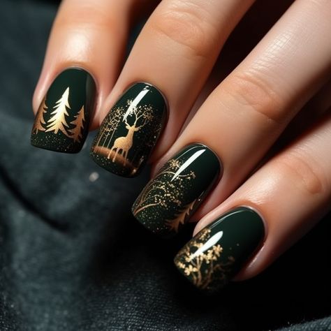 winter nails design forest green and earthy brown, nails with pine tree and reindeer designs. follow 👉 @frequentart for more inspirations! Nail Designs Green Christmas, Winter Forest Nails, Winter Nail Designs 2023, December Nail Designs, Reindeer Nail Art, Forest Nails, Nails Witchy, Reindeer Nails, Shellac Nail Designs