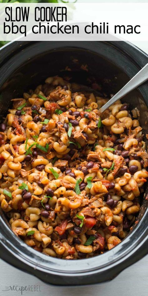 Slow Cooker BBQ Chicken Chili Mac is a hearty one pot pasta meal that cooks completely in the crockpot! Chicken Chili Mac, Chili Mac Crockpot, Mac Chili, Slow Cooker Bbq Chicken, Chili Mac, Slow Cooker Bbq, Slow Cooker Chili, One Pot Pasta, Crock Pot Slow Cooker