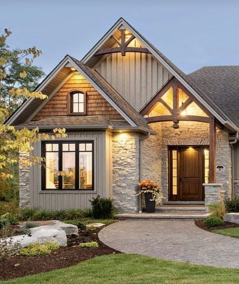 Give the extra mile by trying out rustic colors paired with natural stones as the main attraction of the house. You can experiment with ivory or beige for the upper facade to harmonize with the color of the natural stones.

Source: Pinterest (@One Kindesign)

#RusticHomeColors
#NaturalHomePalette
#RusticExteriorDesign
#CountrysideChic
#EarthyTonesHome
#RusticCharmExteriors
#WarmHomeColors
#NatureInspiredHomes
#RusticHouseIdeas
#CozyHomeExteriors Rustic Exterior House Colors, Rustic House Exterior, Stone Exterior Houses, Lake Houses Exterior, Rustic Exterior, Exterior House Color, Craftsman Exterior, Brick Exterior House, Modern Farmhouse Exterior