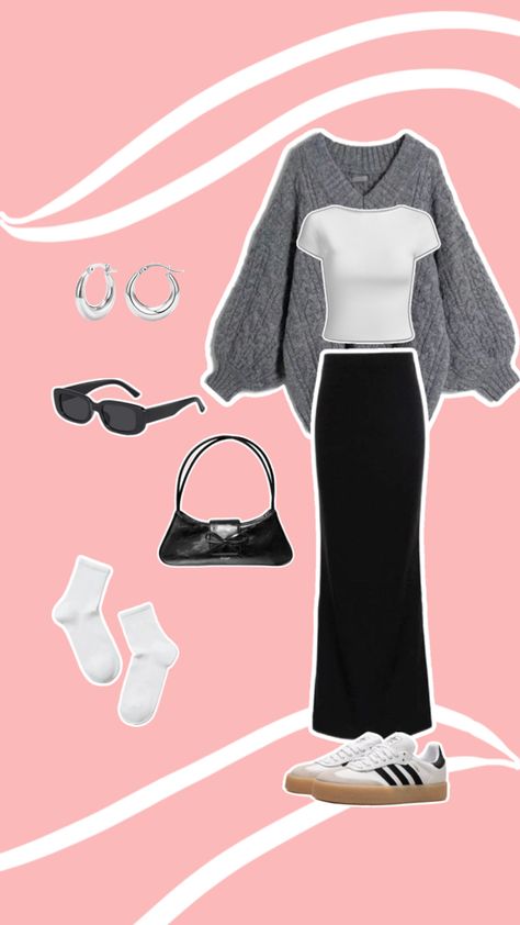 simple, easy, cute, outfit, outfit inspo, inspo, back to school, university, college outfit, semi-modest outfit, fully covered outfit 🤍 to get this look: silver hoop earrings, black sunglasses, small black bag, black long skirt, gray sweater, white t-shirt, white long socks, black and white adidas sambas. Adidas Sweater Outfit, White Long Socks, Back To School University, Small Black Bag, Sweater Skirt Outfit, Black Long Skirt, Adidas Sambas, College Outfit, Adidas Sweater