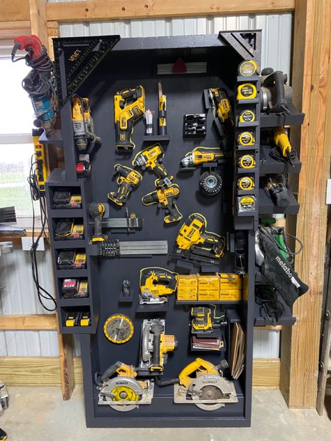 Power Tools Organization, Dewalt Charging Station, Tool Bench Organization, Power Tool Organization, Cordless Drill Storage, Tool Wall Storage, Tool Display, Battery Charging Station, Drill Storage