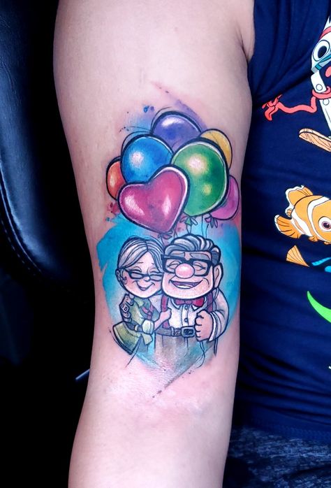 Movie Up Tattoo Ideas, Disney Up Tattoo Ideas, Up Tattoo Disney Couple, Remi Tattoo, Carl And Ellie Tattoo, Michelle Tattoo, Marriage Tattoos, Cartoon Tattoo Ideas, Asian Dragon Tattoo