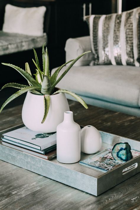 Large Coffee Table Styling Minimalist, Plants For Coffee Table, Coffee Table Tray Decor Modern, Glass Coffee Table Decor Ideas, Plant On Coffee Table, Coffee Table Decor Minimalist Rectangle, Coffee Table Plant Decor, Decor Books Coffee Table, Designer Books Decor Coffee Tables