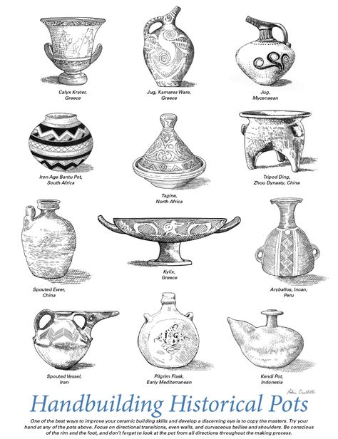 Pottery Design Sketch, Historical Pottery Ceramics, Pottery Illustration Drawings, Pottery Sketch, Pottery Drawing, Ceramic Building, Historical Pottery, Pottery Making Illustrated, Art Classroom Management