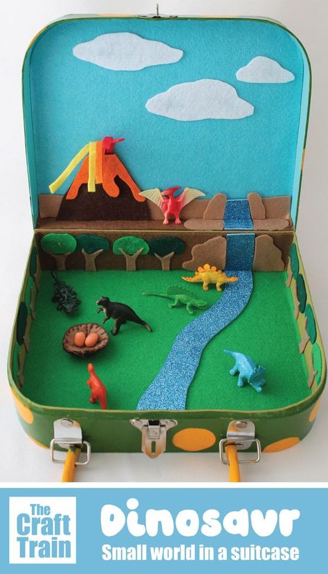 Dinosaur small world in a suitcase handmade DIY toy for kids. This is fun for play on the go and makes a great alternative to screens. A creative way to inspire imaginary play for dinosaur-loving kids   #dinosaurcraft #dinosaurs #diytoy #smallworld #imaginaryplay #kidscrafts #handmadegifts #giftideas #kidsactivities #quiettime #thecrafttrain Dinosaur Small World, Make A Dinosaur, Handmade Kids Toys, Imaginary Play, Dinosaur Crafts, Small World Play, Handmade Kids, Dinosaur Toys, Dinosaur Party