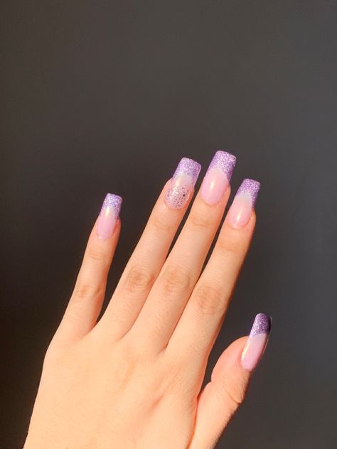 Glittery Purple French Tip Nails, Glitter Tip Nails Acrylic, Purple Glittery Nails, Purple Nail Tips, French Tip Nails Aesthetic, Tip Nails Acrylic, Purple French Tip Nails, Purple French Tip, Purple French