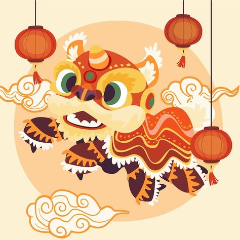 Dancing Lion Illustration, Chinese New Year Illustration Rabbit, Chinese New Year Illustration 2024, Dragon Chinese New Year Illustration, Chinese Lion Drawing, China New Year Design, Chinese New Year Design Illustration, Lion Dance Illustration, Chinese New Year Dragon Dance