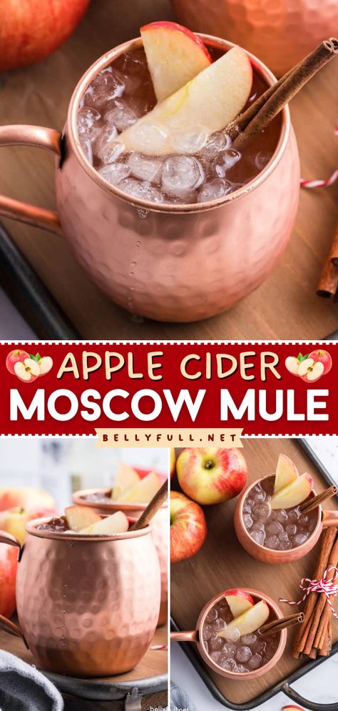 This easy fall recipe is one of the cocktails to make at home! You can even whip up a big batch of this simple fall drink for a party. Sweet, sour, and boozy, this Apple Cider Moscow Mule is a fun twist on the traditional! Apple Cider Bourbon Mule, Apple Butter Moscow Mule, Pumpkin Spice Apple Cider Moscow Mules, Carmel Apple Moscow Mule Recipe, Apple Cider Moscow Mules, Apple Cider Cocktails For A Crowd, Apple Cider Mules, Apple Cider Moscow Mule Recipe, Large Batch Moscow Mule Recipe