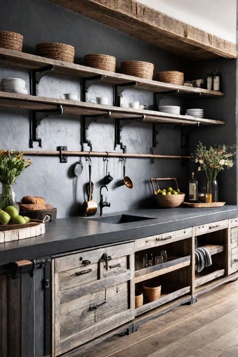 Industrial Chic Kitchen, Rustic Industrial Kitchen, Reclaimed Wood Cabinet, Rustic Cabinet, Industrial Farmhouse Decor, Cabinets Makeover, Rustic Kitchen Cabinets, Rustic Cabinets, Modern Rustic Decor