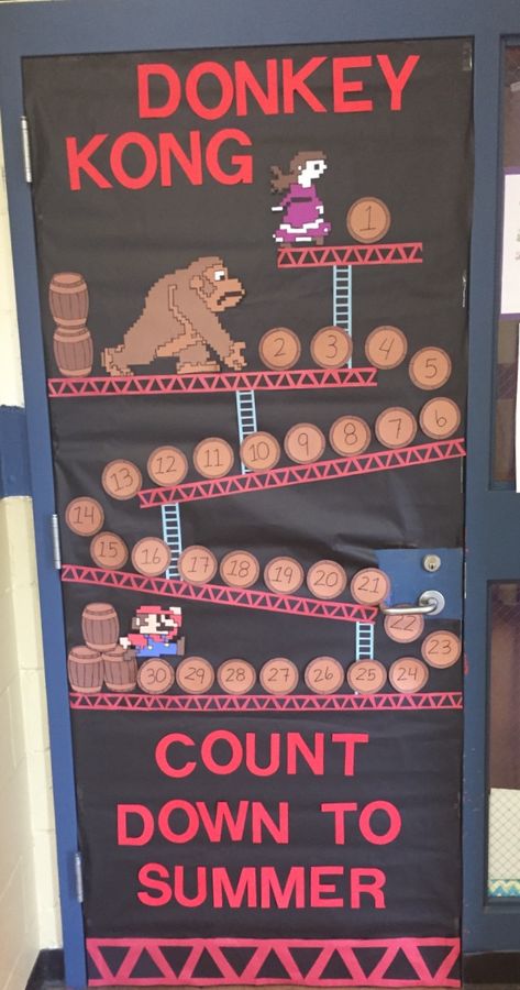 Competition Bulletin Board, Countdown Bulletin Board Ideas, Videogame Classroom Theme, Donkey Kong Bulletin Board, Game Classroom Door Ideas, Arcade Bulletin Board, Video Game Classroom Door Ideas, Game On Door Decorations, Board Game Decorations Classroom