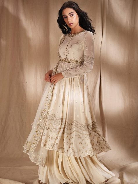 Anarkali With Belt, Tissue Anarkali, Cream Anarkali, White Anarkali Suits, Suit With Belt, Astha Narang, Men Sherwani, White Anarkali, Jayanti Reddy