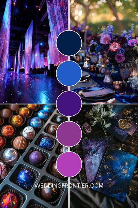 Space wedding theme ideas for a cosmic, star-filled celebration. Galaxy Wedding Cake Ideas, Nebula Wedding Theme, Fantasy Wedding Color Palette, Moon And Stars Wedding Theme, Galaxy Wedding Theme, Galactic Wedding, Space Wedding Theme, Celestial Decorations, Color Wedding Theme