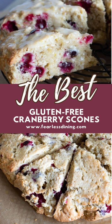 These gluten-free cranberry scones with homemade orange icing are full of incredible fall flavors. They have the perfect texture, and nobody will know these gluten free cranberry orange scones are gluten free. Use fresh or frozen cranberries. Gluten Free Dairy Free Scones Recipe, Almond Flour Cranberry Scones, Gluten Free Orange Cranberry Scones, Gluten Free Cranberry Scones, Gluten Free Cranberry Orange Scones, Grain Free Scones, Cranberry Gluten Free Recipes, Holiday Gluten Free Desserts, Fearless Dining Easy Gluten Free Recipes