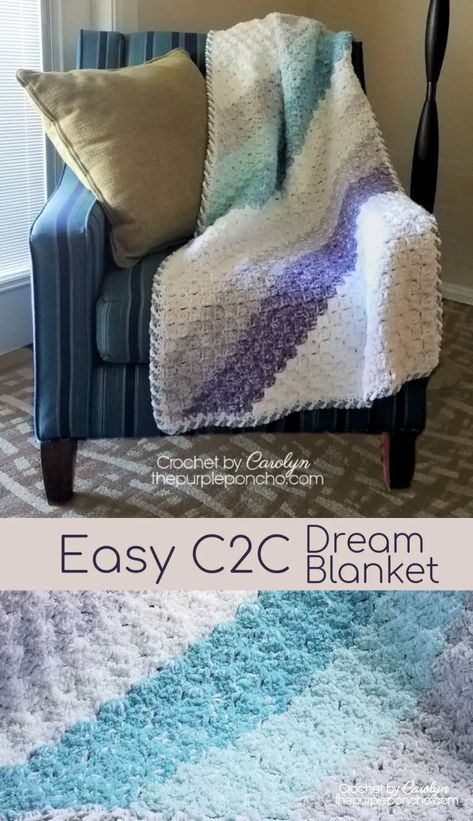 Easy C2C Dream Blanket - Free Crochet Pattern - The Purple Poncho Crochet C2c In Rows, C2c Crochet Throw Blanket, Corner To Corner Blanket Crochet Pattern Free, C2c Afghan Pattern, Rectangle C2c Crochet Blanket, C2c Afghan Pattern Free, Crochet Purple Blanket, Fast Crochet Blanket Pattern Free, C2c Crochet Pattern Free Beginner