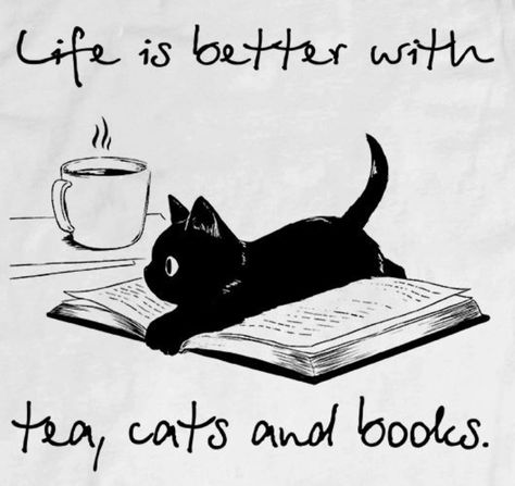 Indeed it is! Book Cat Coffee Tattoo, Cat Book Tattoo, Black Cat With Books Tattoo, Cat On Books Drawing, Black Cat Reading, Cat Sleeping On Books Drawing, Gatos Cool, Cat Reading, Image Chat