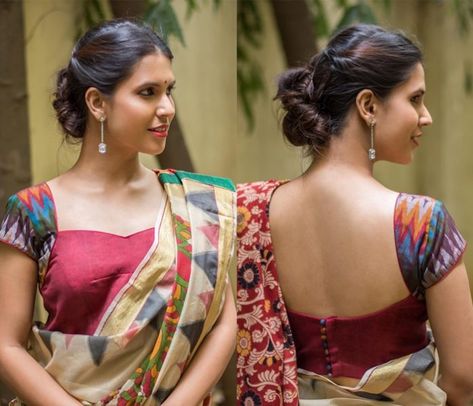 Kalamkari Blouse Designs, Ikat Blouse Designs, Ikkat Blouse, Indian Blouse Designs, Ikat Blouse, Keep Me Stylish, Patch Work Blouse Designs, Kalamkari Blouse, Cotton Saree Blouse Designs