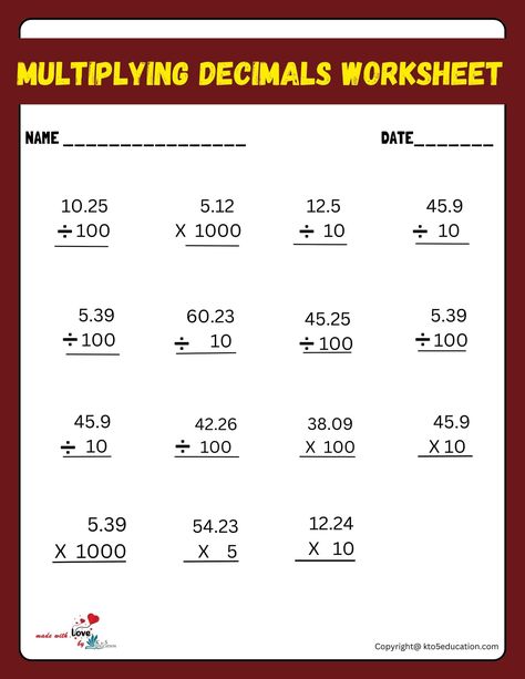 Multiplying And Dividing Decimals By 10 100 And 1000 Worksheet | FREE Download Check more at https://kto5education.com/multiplying-and-dividing-decimals-by-10-100-and-1000-worksheet/ Multiplication Wheel, Abc Order Worksheet, Articles Worksheet, Multiplying Decimals, Dividing Decimals, Decimals Worksheets, Worksheets For Grade 3, Abc Order, 1st Grade Worksheets