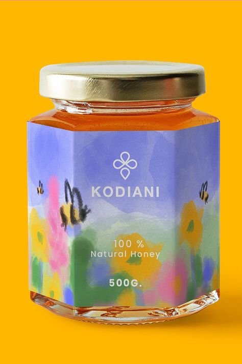 100 % Natural Georgian Honey｜packaging design ｜ Honey Packaging ｜ Logo Design Illustration Jar Package Design, Honey Graphic Design, Honey Branding Design, Product Label Design Ideas, Illustrative Packaging, Bee Branding, Honey Packaging Design, Food Package Design, Logo Honey