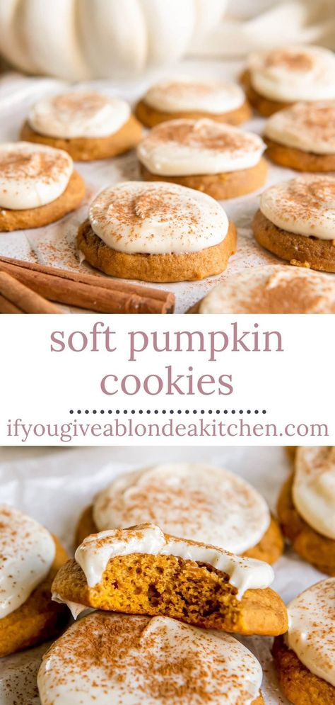 Fall Recipes Baking Desserts, Soft Baked Pumpkin Cookies, Pumpkin Cookie Frosting, Fall Desserts Recipes Easy, Best Easy Baking Recipes, Pumpkin Cream Cookies, Pumpkin With Cream Cheese Frosting, Pumpkin Cookies With Cream Frosting, Pumpkin Spice Cream Cheese Cookies