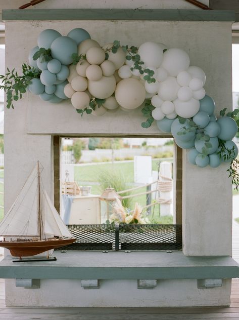 June Baby Shower Ideas Boys, Coastal Balloon Arch, Nautical Balloon Arch, Sailor Theme Baby Shower For Boy, Whale Baby Shower Theme Boy, Sailboat Baby Shower Theme, Beachy Baby Shower Ideas, Boy Baby Shower Flowers, Whale Themed Baby Shower Ideas