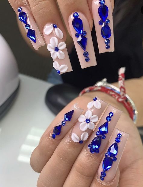 Royal Blue Nails With Diamonds, Blue Nails For Quinceanera, White Nails With Blue Gems, Classy Royal Blue Nails, White With Royal Blue Nails, Nails With Blue Rhinestones, Royal Blue Rhinestone Nails, Nail Designs For Quinceanera Blue, White Nails With Blue Rhinestones