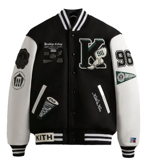 Kith & Russell Athletic CUNY Brooklyn College Black/White Jacket Brooklyn College, White Varsity Jacket, Kith And Kin, Louis Vuitton Supreme, Varsity Jacket Women, Varsity Letterman Jackets, Golden Bear, Black And White Jacket, Letterman Jacket