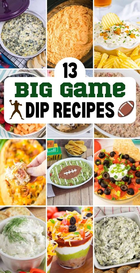 The best game day dips for your big game party! 13 Hot and cold dip recipes perfect for football season parties and big game celebrations. Dip Football Party, Super Bowl Party Food Dip, Gameday Dip Recipes, Easy Superbowl Dip, Football 7 Layer Dip Super Bowl, Super Bowl Chips And Dip, Football Bean Dip, Best Chips And Dip, Dip For Football Games