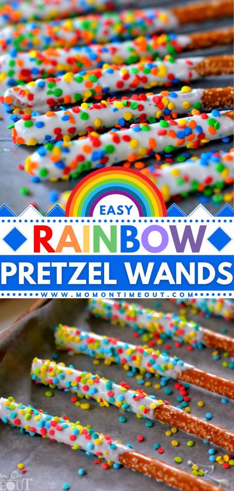 Pretzel Wands, Rainbow Party Food, Childrens Party Food, St Patrick's Day Treats, Rainbow Snacks, Rainbow Themed Birthday Party, Rainbow Treats, Rainbow Party Decorations, Rainbow Parties