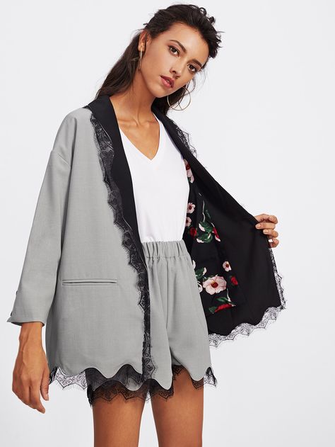 Contrast Scallop Eyelash Lace Blazer With Shorts -SheIn(Sheinside) Blazer With Lace, Blazer With Shorts, Shop Dresses Online, Lace Blazer, Fashion Sketches Dresses, Modesty Fashion, Embroidery Suits Design, African Clothing Styles, Abayas Fashion