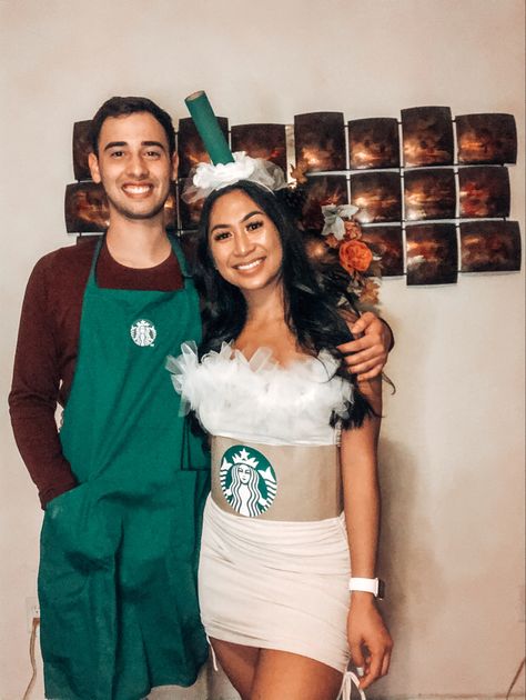 Costumes For Blonde And Brunette Couple, Couples Costumes Blonde And Brunette, Trophy Halloween Costume Couple, Blonde Guy Brunette Girl Couple Costume, Halloween Costume Ideas For Interracial Couples, Karneval Outfit, Couples Costumes For Halloween, Starbucks Costume, Halloween Starbucks