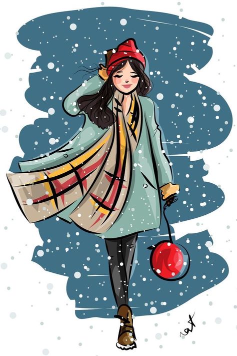 Snowy Friday, December Illustration, Feminine Line Art, Woman Walking, Happy Woman, Christmas Card Art, Winter Wallpaper, Instagram Frame, Christmas Illustration