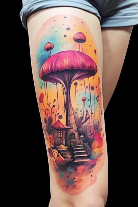 This colorful tattoo design features a whimsical scene of a mushroom house, evoking a sense of fantasy and enchantment. The mushroom is depicted in intricate detail, with a vibrant red and white cap and intricate shading to create the illusion of texture. The house itself is nestled among the roots and foliage of the mushroom, creating a cozy and inviting atmosphere. The overall effect is a unique and eye-catching tattoo that captures the playful spirit of fairy tales and fantasy worlds. #tattoo Color Fantasy Tattoo, Mushroom And Sunflower Tattoo, Rainbow Mushroom Tattoo, Mushroom Color Tattoo, Whimsical Garden Tattoo, Mushroom House Tattoo, Magic Mushroom Tattoo, Elf Tattoo, Body Artwork