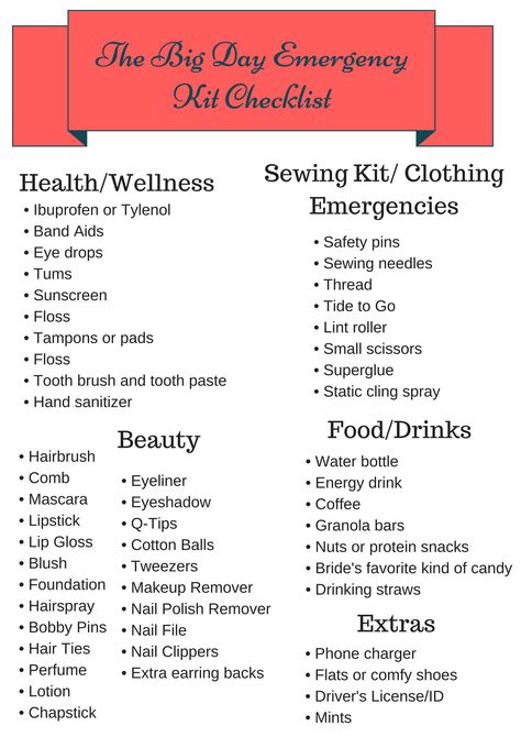 The Big Day Emergency Kit Checklist Bride Emergency Kit, Bridal Emergency Kits, Wedding Emergency Kit, Sister Of The Groom, Cat Wedding, Beauty Foods, Static Cling, Emergency Kit, No Foundation Makeup