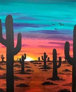 Southwest Sunset - Tue, Apr 09 6:30PM at Dierks Whiskey Row - Gilbert Hedgehog Template, Scary Silhouette, Hedgehog Crafts, Fall Hedgehog, Southwest Sunset, Pumpkin Painted, Silhouette Background, Cactus Paintings, Pinots Palette