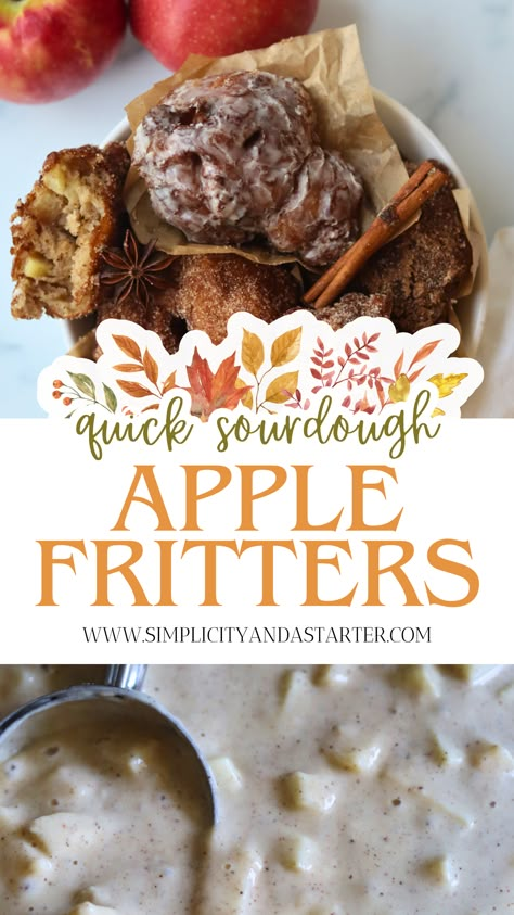 Golden sourdough apple fritters made with sourdough discard, topped with powdered sugar and cinnamon, perfect for fall. Sour Dough Apple Fritters, Sourdough Apple Fritters, Apple Fritter Recipe, Bread Recipes Sourdough, Apple Fritters Recipe, Sourdough Apple, Using Sourdough Discard, Bread For Beginners, Sourdough Sandwich Bread