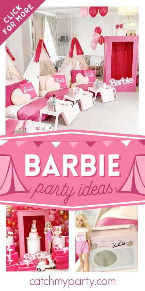 Barbie Sleepover Ideas, Barbie Sleepover Party Ideas, Barbie Spa Party, Barbie Glamping Party, Barbie Slumber Party Ideas, Sleepover Barbie, Barbie Tent Party, Barbie Sleepover Party, Barbie Tent