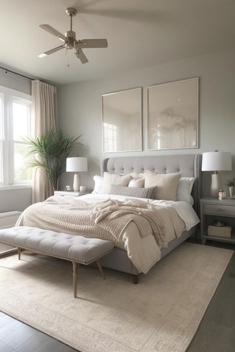 Bedroom Color Schemes For Couples Cozy, Gray Bed Frame Bedroom Ideas, Grey Headboard Bedroom Ideas, Grey Striped Walls, Grey Headboard Bedroom, Fan Lighting, Monochromatic Decor, Fall Bedroom Ideas, Grey Bed Frame