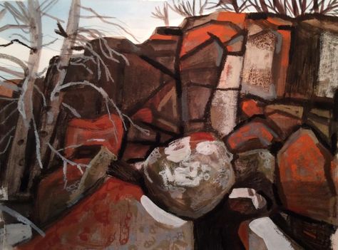 Jill McElmurry  Rock Cliff with Orange Lichen Jill Mcelmurry, Rock Cliff, The Great Outdoors, Landscape Paintings, Paintings, Texture, Orange, Wood, Art