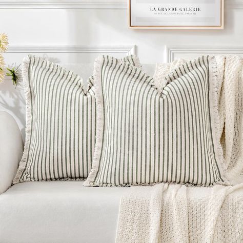 PRICES MAY VARY. 100% Linen 【Quality Material】 Made of premium canvas striped linen with double-sided patten, durable and washable. Not easy to deform or fade and made to last. It is suitable for the living room, bedroom, benches，can used to all seasons! 【Size】 18x18 Inch / 45x45cm TWO pillow covers. COVERS ONLY, pillows are not included. Please allow 0.5-1 inch deviation because of hand-made and sewing. 【Hidden Zipper】 The smooth hidden zipper is sewn on the back so your pillow is secure and ea Farmhouse Throw Pillows Couch, Grey Pillow Covers, Olive Green Pillow, Farmhouse Couch, Christmas Throw Pillows, Farmhouse Pillow Covers, Throw Pillow Combinations, Bedroom Benches, Black Pillow Covers