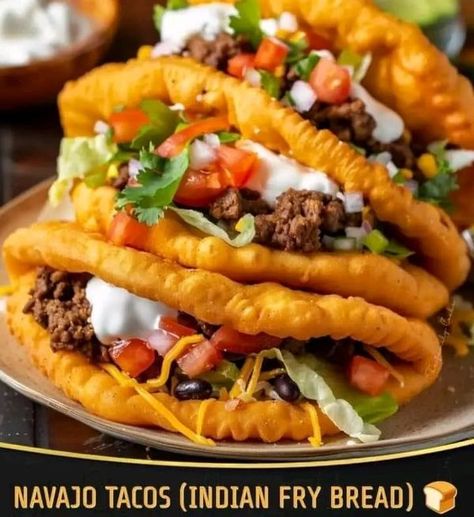 All Grandm'a Recipes | 🌮🍞 Navajo Tacos (Indian Fry Bread) 🍞🌮 | Facebook Fry Bread Tacos, Indian Fry Bread, Navajo Tacos, Fried Bread Recipe, State Fair Food, Frozen Bread Dough, Fry Bread, Caesars Palace, Bread Making