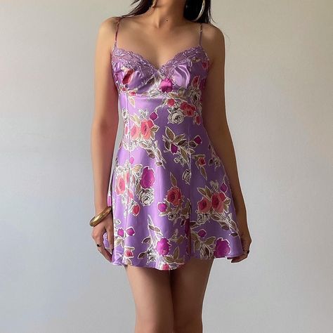 Lavender Dress Aesthetic, Purple Clothes Aesthetic, Thrifted Dresses, Y2k Mini Dress, Purple Y2k, Lavender Dresses, Purple Mini Dresses, Dress Aesthetic, Satin Mini Dress