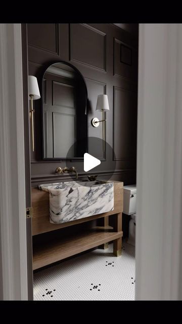 Lisa Clark Design on Instagram: "This space truly takes my breath away and it was only possible by having a dream team who made this all a reality. Every little detail mattered and not a single element didn’t receive the utmost care. To the wall mouldings, hand laid mini tile floor, custom vanity with brass feet and the imported marble sink and faucet from Morocco! Details matter and here is the proof they do! xo, L . . . Design - Lisa Clark Design Contracting - Vertex Construction Millwork - Netley Millwork . . . #IDCOatHome #inmydomaine #mycovetedhome #Beckiowensfeature #houseandhomemag #styleathome #lisaclarkdesign #manitobadesign #canadiandesign #interiordesign #interiorstyling#lindsayhillloves #crappyiphonepicsaremyjam #powderroom #darkgreenroom #pennytile #marblesink #wallfauc Dark Sink Bathroom, Marble And Brass Bathroom, Dark Green Rooms, Condo Bathroom, New Bathroom Ideas, Marble Sink, Bathroom Paint, Bathroom Redesign, Bathroom Guest