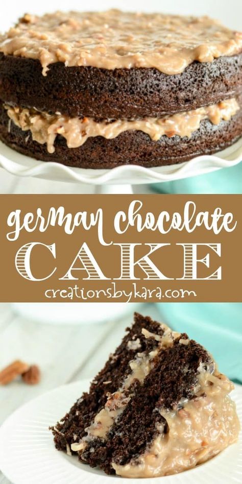 German Chocolate cake with homemade German chocolate frosting. This decadent chocolate cake with coconut pecan frosting is perfect for any special occasion! #germanchocolatecake #germanchocolatefrosting #homemadegermanchocolatecake #coconutpecanfrosting #creationsbykara Homemade German Chocolate Cupcakes, Healthy German Chocolate Cake, Moist German Chocolate Cake From Scratch, Easy German Chocolate Cake Frosting, Homemade German Chocolate Cake Frosting, German Chocolate Cake Easy, German Chocolate Cake Frosting Recipe, Scratch Chocolate Cake, Easy German Chocolate Cake