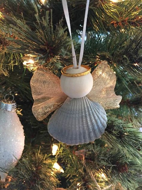 Shell Angel Ornaments Diy, Seashell Tree Ornaments, Angel Shell Ornaments, Diy Angel Ornaments Kids, Shell Angels Ornament, Seashell Angel Ornaments, She’ll Ornaments, Diy Seashell Ornaments, Oyster Shell Angels